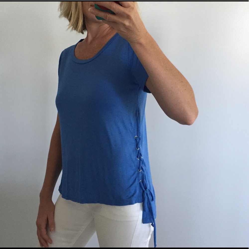 Blue, Short Sleeve Side Tie Detail Top - Picture 3 of 6